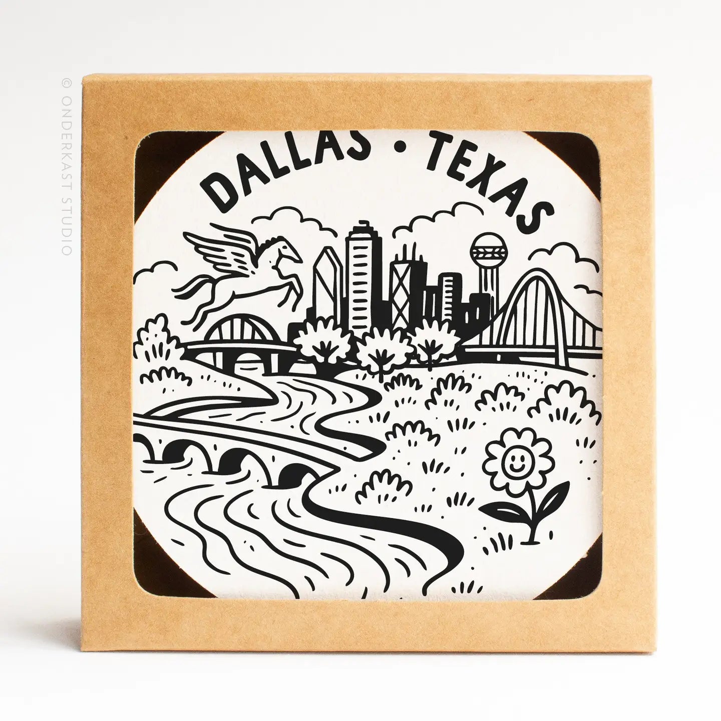 Dallas Texas skyline letterpress coaster set displayed as a Texas-themed home gift from a Texas gift shop storefront