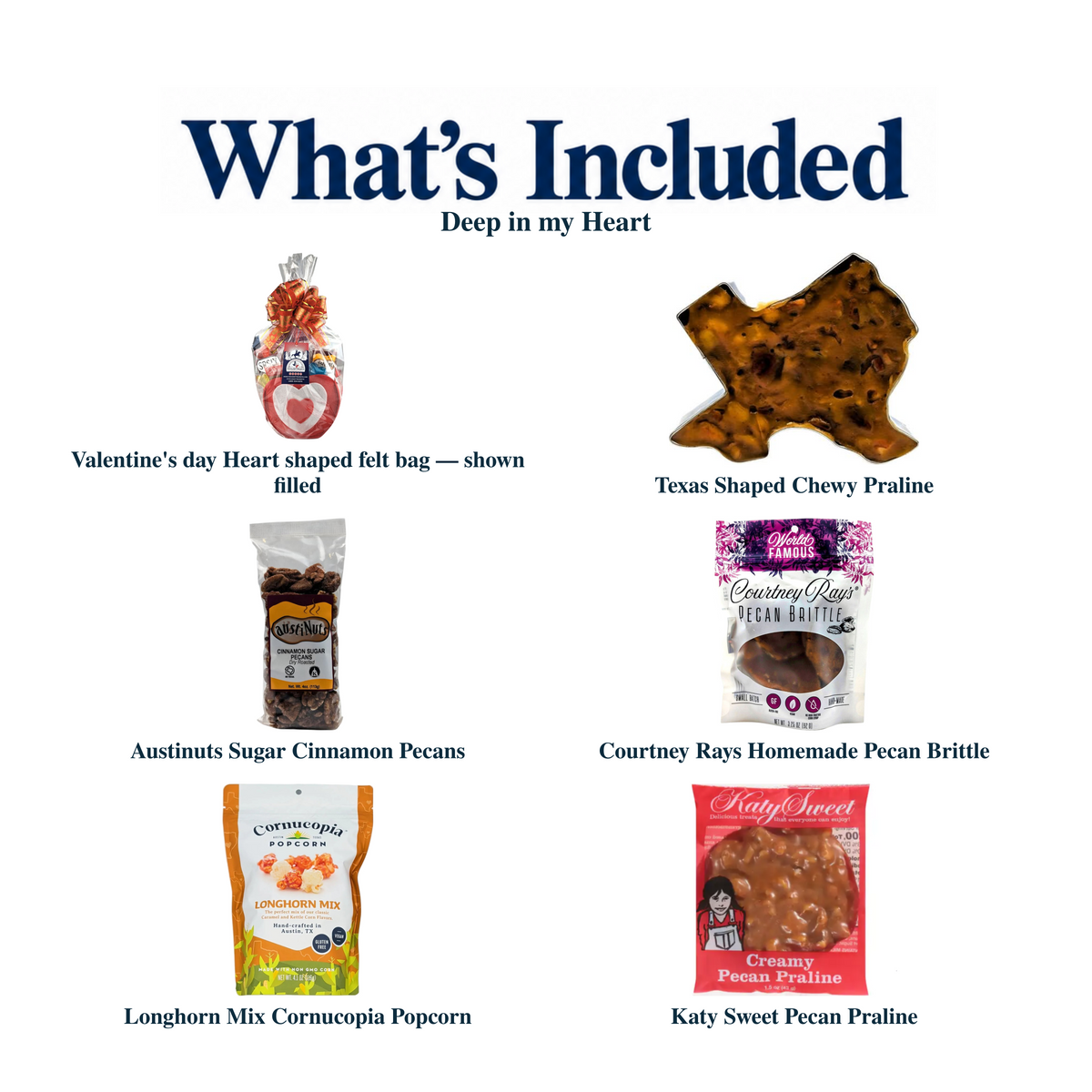 What's included in Deep in my Heart from The Texas Gift Company: each included item individually labeled.