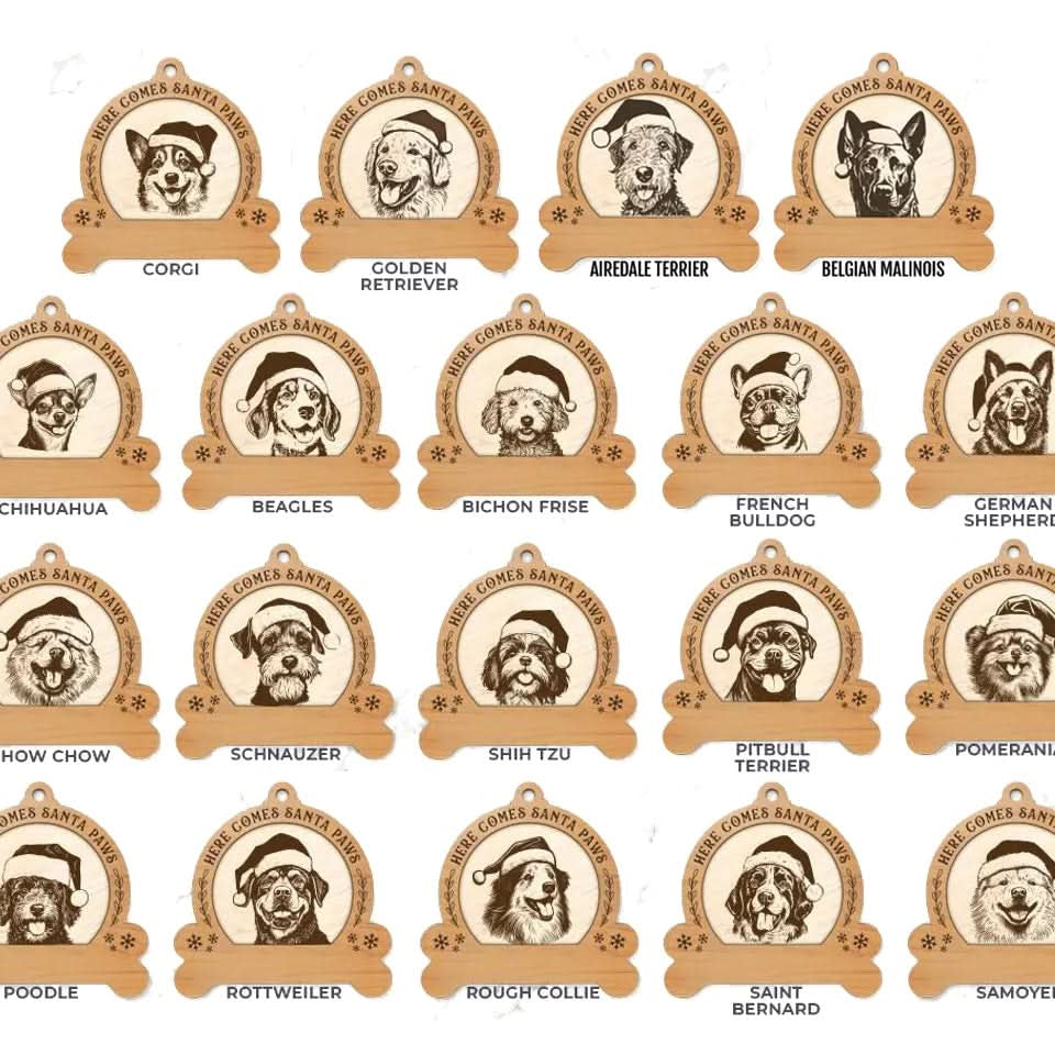 Types of a dog breed ornament showing the personalized pet name detail from The Texas Gift Company