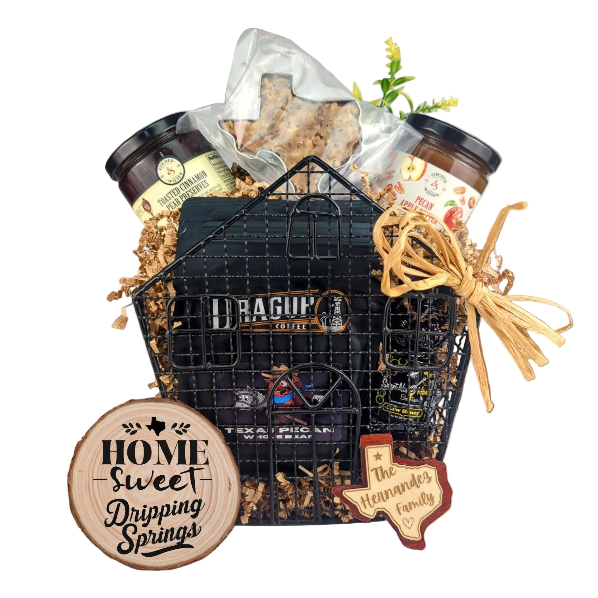 Dripping Springs Home Gatherings basket with Texas-made treats arranged for hosting and sharing