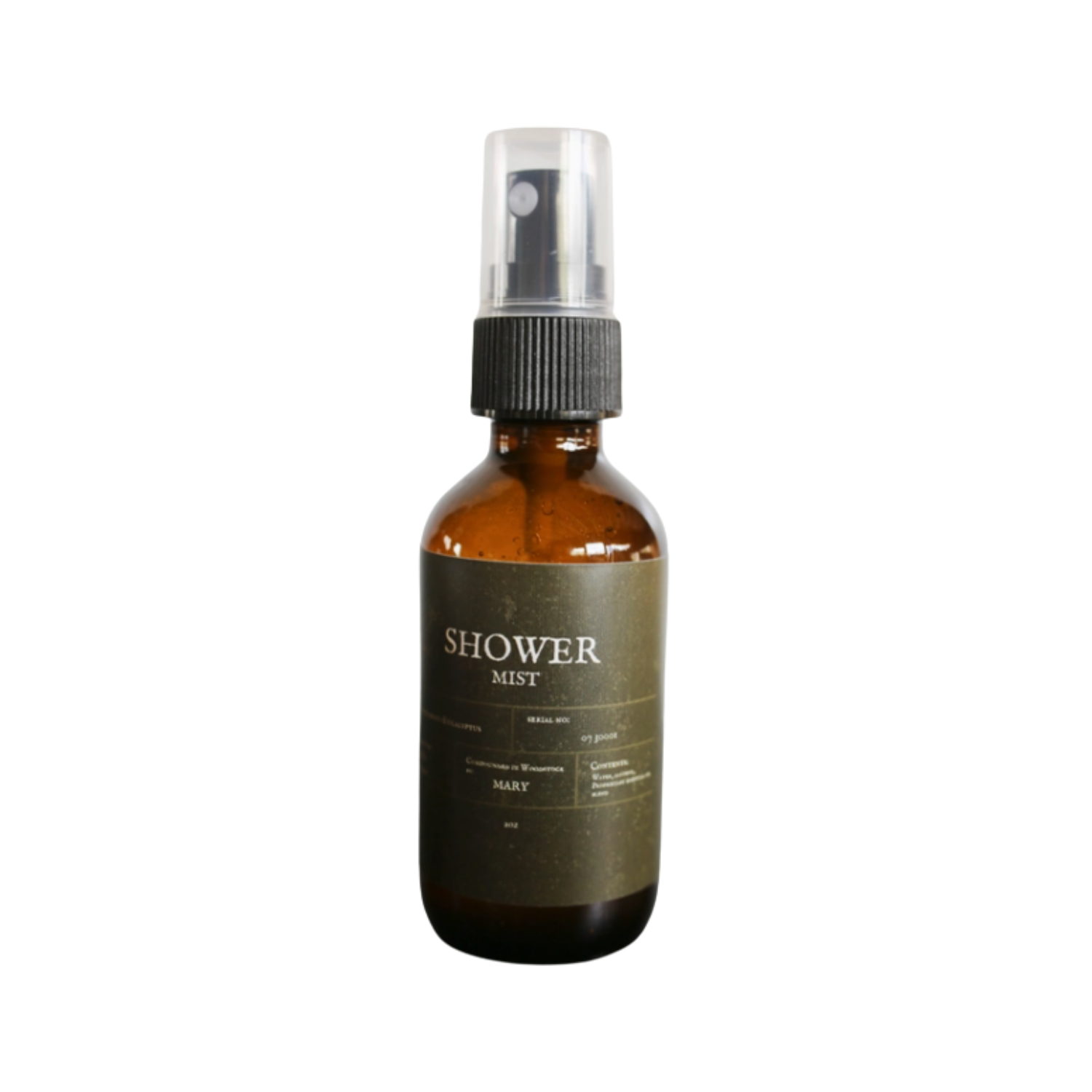 Amber glass spray bottle labeled “Shower Mist” with a fine mist pump, part of a Texas-inspired refreshing aromatherapy and spa gift collection.