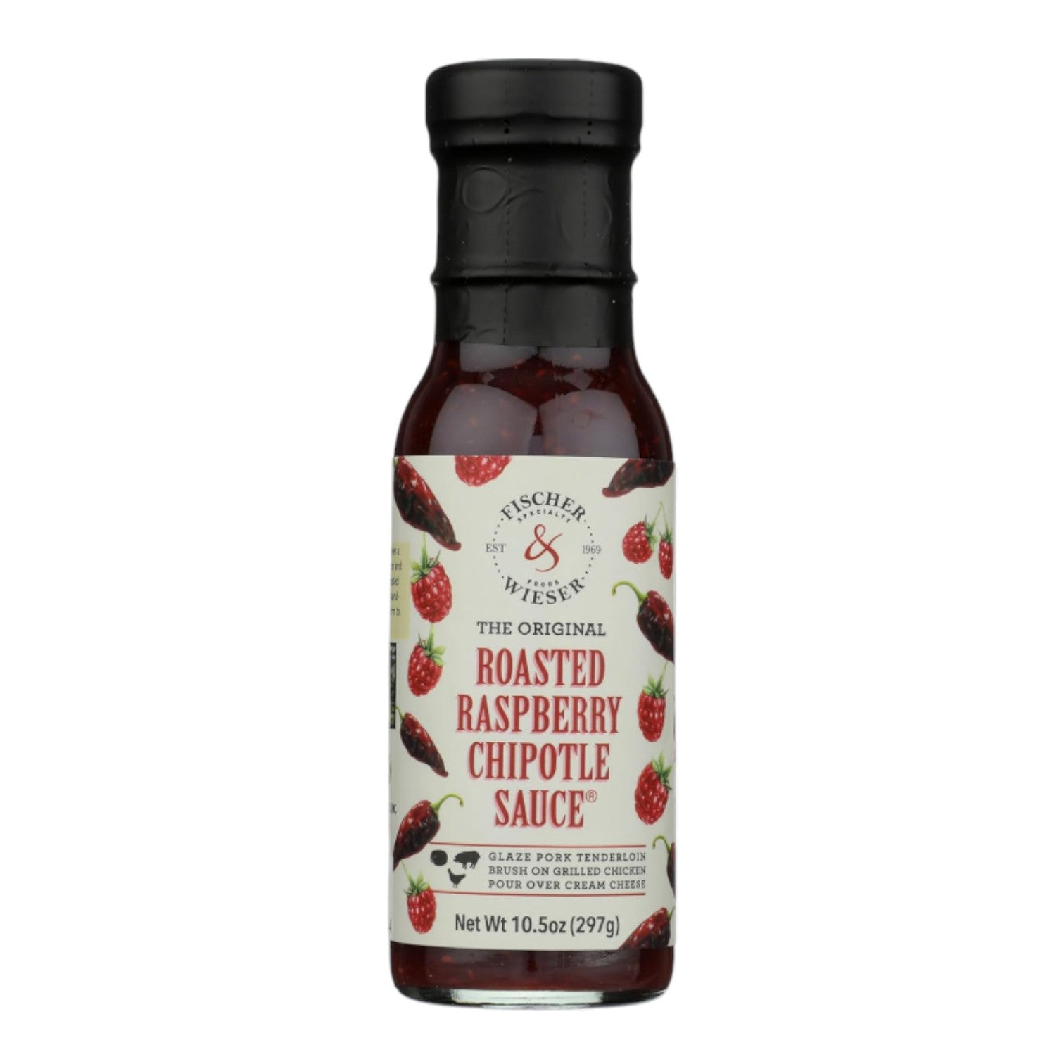 Fischer & Weiser roasted raspberry chipotle sauce jar displayed as a gourmet Texas cooking gift from The Texas Gift Company storefront