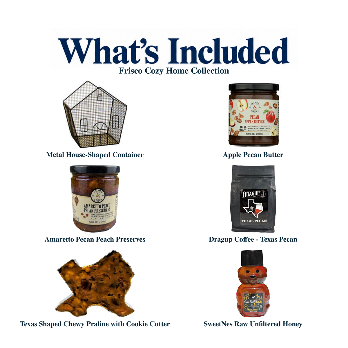 What's included in Frisco Cozy Home Collection from The Texas Gift Company: each included item individually labeled.