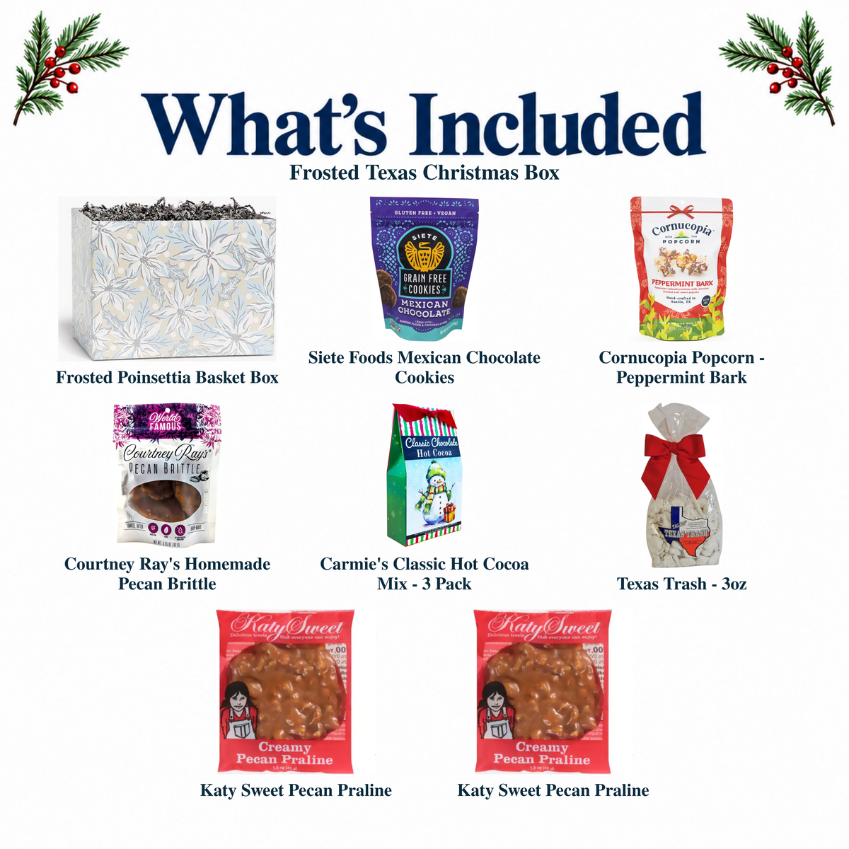 What's included in Frosted Texas Christmas Box from The Texas Gift Company: each included item individually labeled.