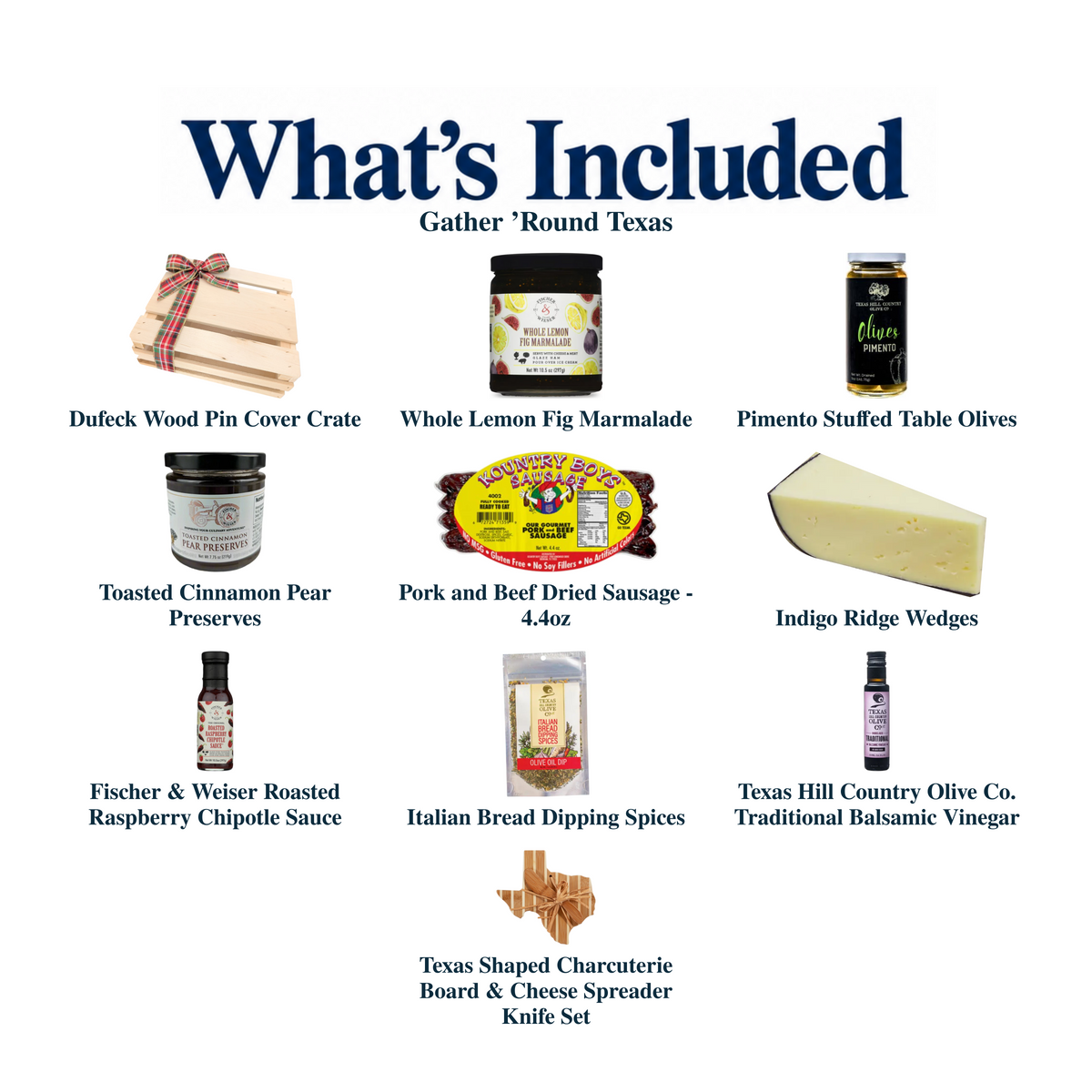 What's included in Gather ’Round Texas from The Texas Gift Company: each included item individually labeled.