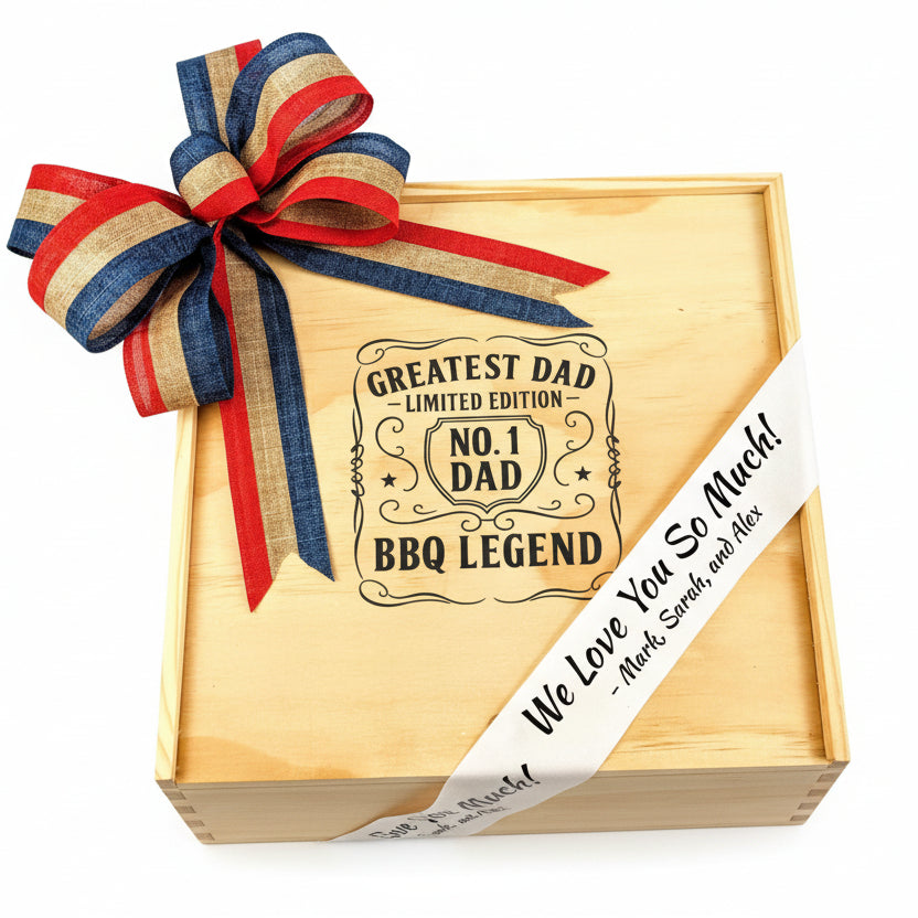 Personalized wooden gift box engraved with “Greatest Dad – Limited Edition No. 1 Dad BBQ Legend,” featuring a red, blue, and gold ribbon bow and a custom message ribbon reading “We Love You So Much,” designed as a Father’s Day or BBQ-themed gift.