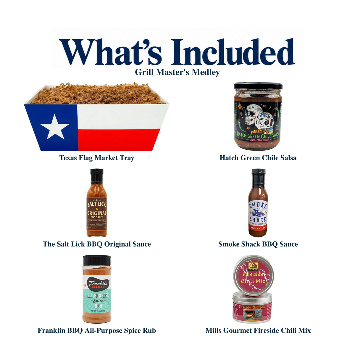 What's included in Grill Master's Medley from The Texas Gift Company: each included item individually labeled.