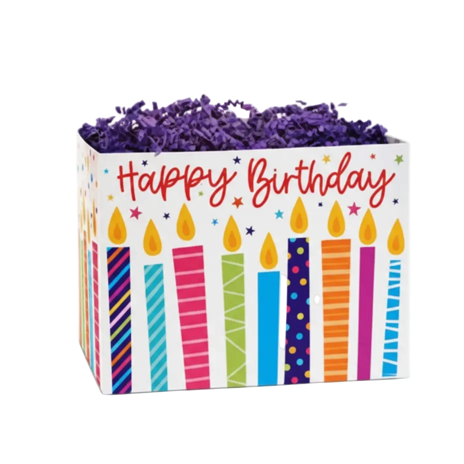 Happy birthday themed gift box with colorful candle design and purple shredded paper filler