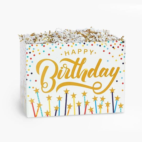 Happy birthday gift box with gold script lettering, colorful confetti design, and shredded paper filler