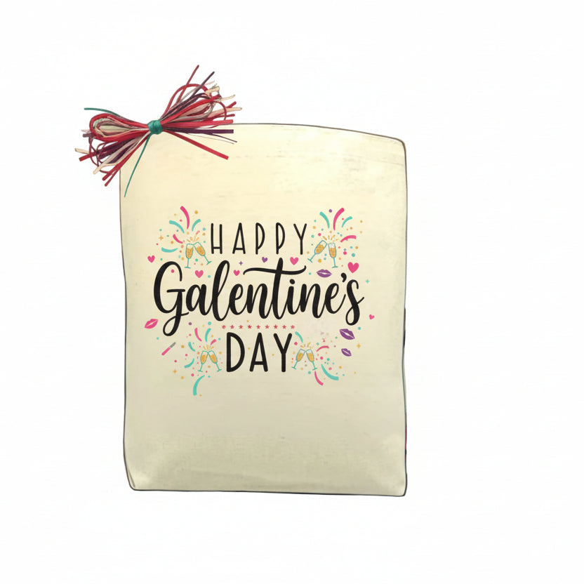 Happy Galentine’s Day canvas tote featuring playful typography and festive celebratory details, perfect for thoughtful Texas gifts and everyday use.