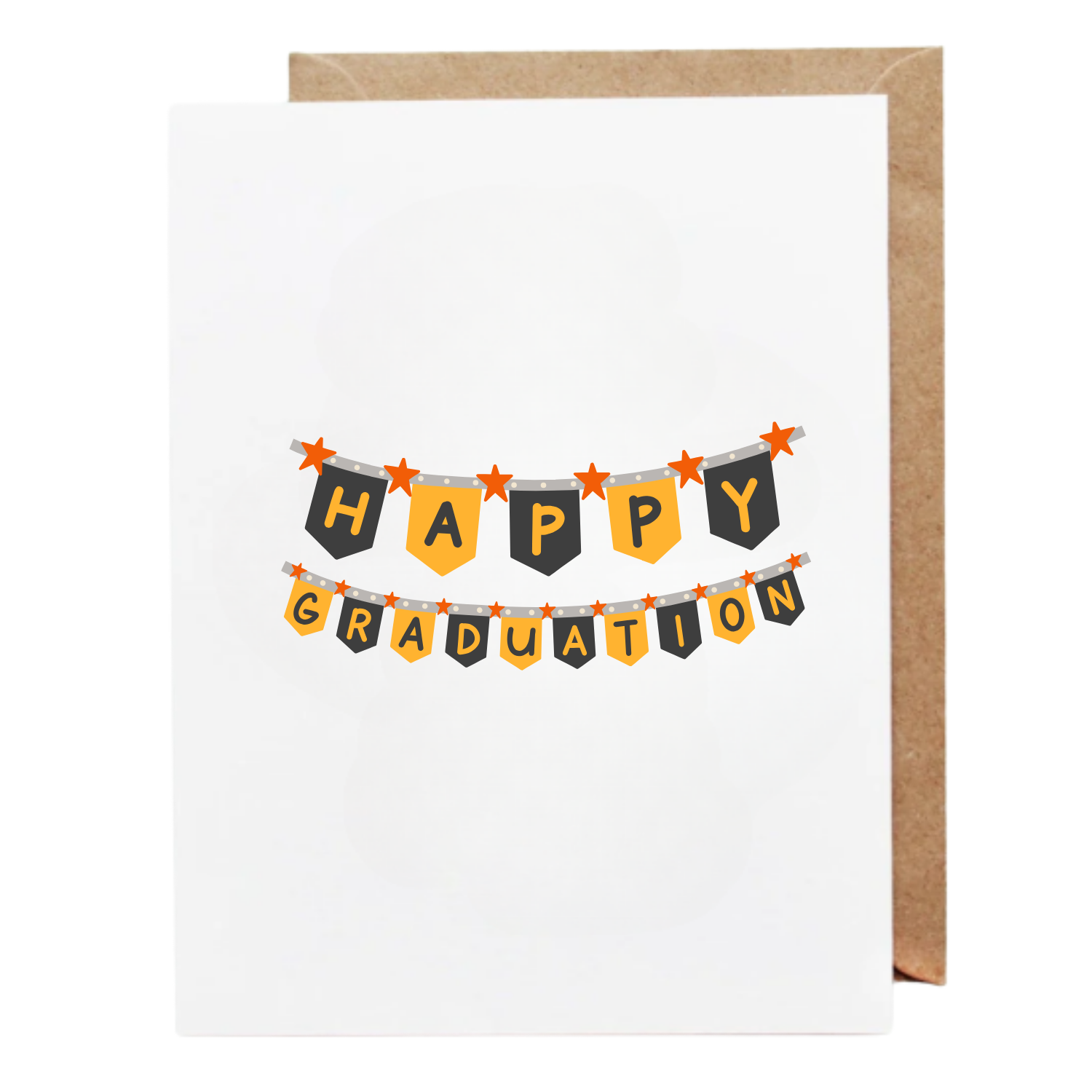 Happy Graduation greeting card featuring black and gold hanging banner letters on a white background