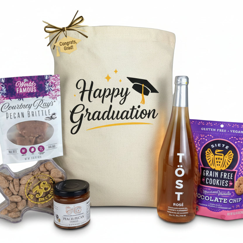 Happy Graduation gift tote filled with celebratory treats arranged for gifting