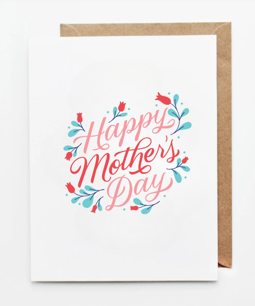 Elegant Mother’s Day greeting card with floral illustrations and hand-lettered ‘Happy Mother’s Day’ text on a white background