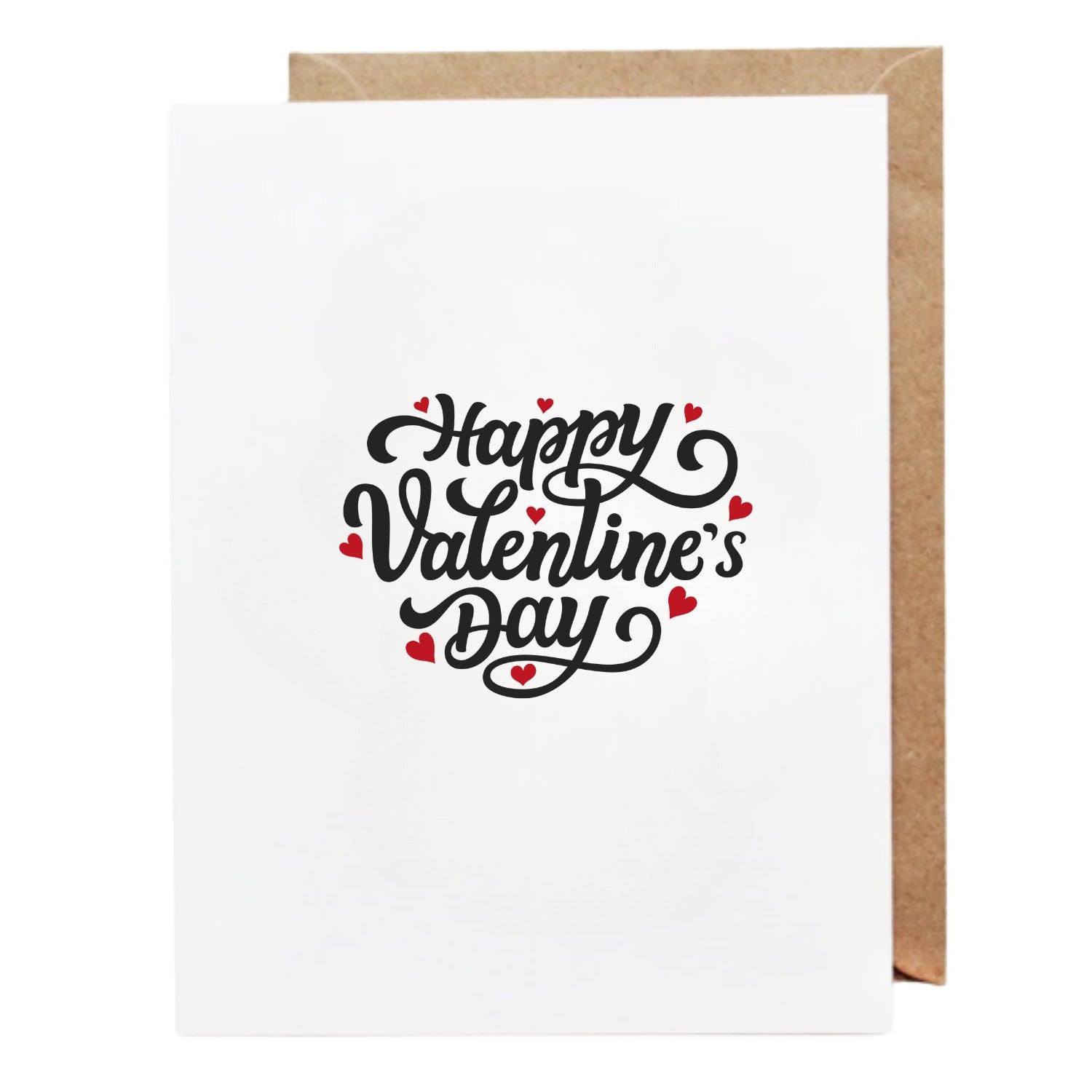 White Valentine’s Day greeting card featuring decorative black script text reading “Happy Valentine’s Day,” surrounded by small red heart accents, with a brown envelope visible behind the card
