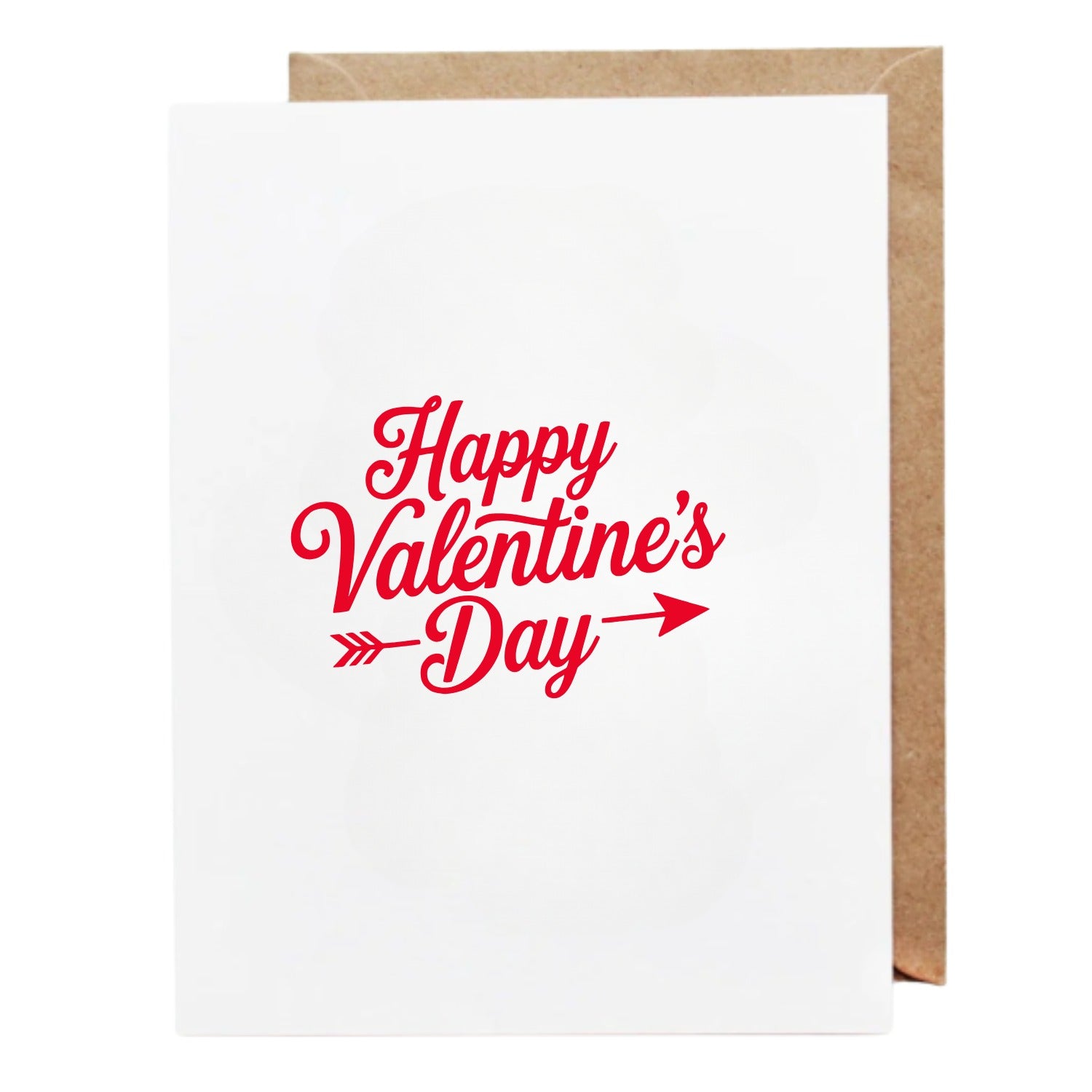 White Valentine’s Day greeting card with red script text reading “Happy Valentine’s Day” and a red arrow graphic, shown with a brown envelope behind it