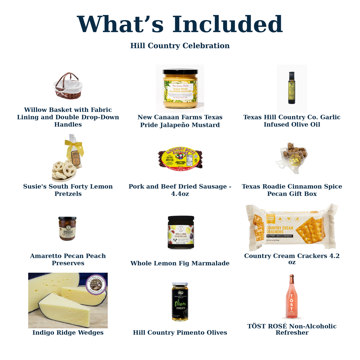 What's Included in Hill Country Celebration — Country Cream Crackers 4.2 oz and each current gift item.