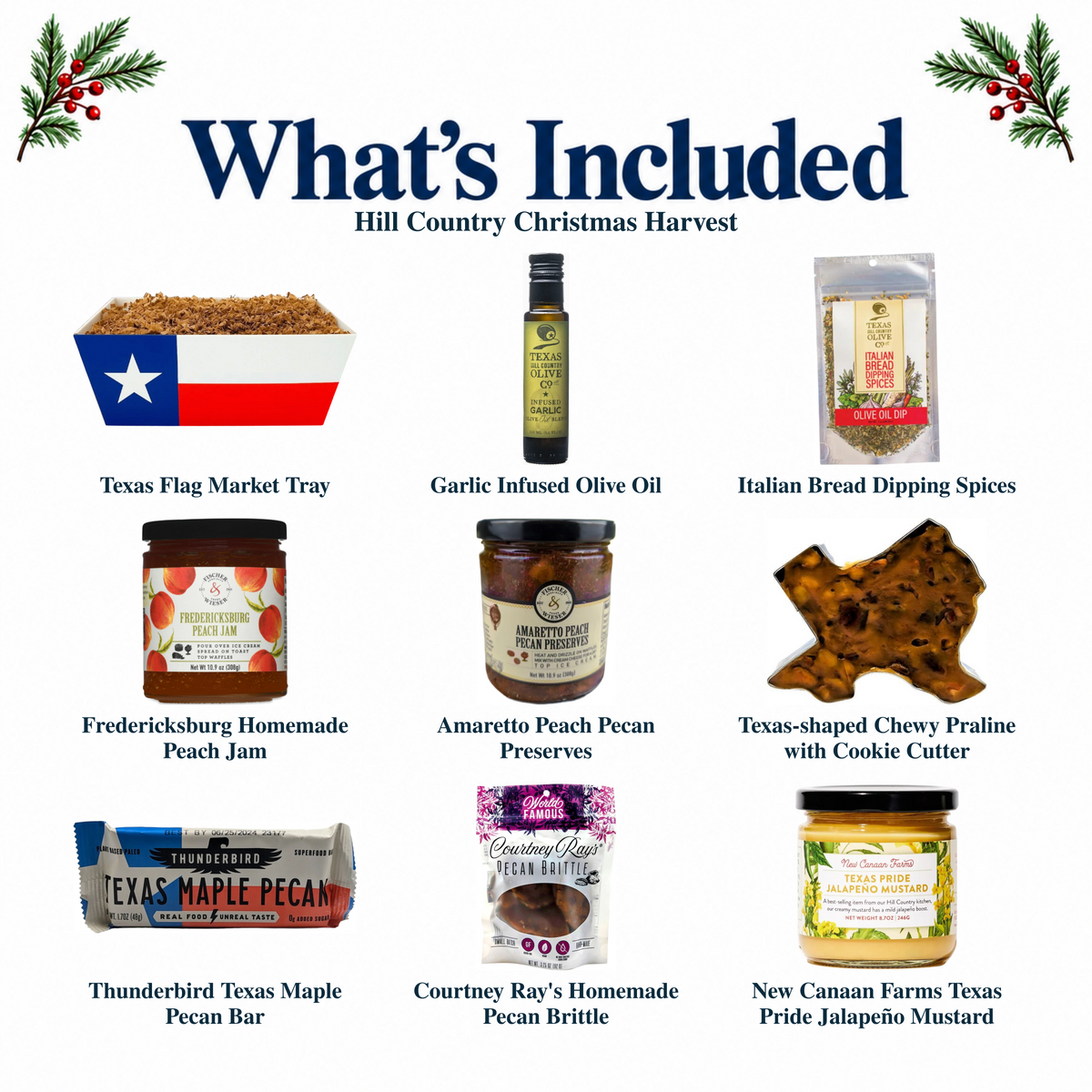 What's included in Hill Country Christmas Harvest from The Texas Gift Company: each included item individually labeled.