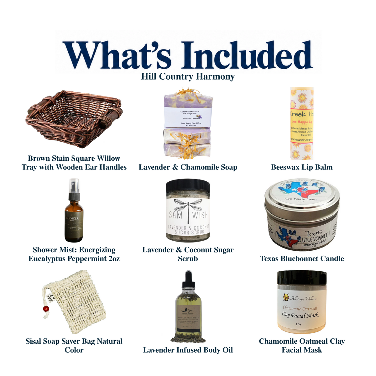 What's included in Hill Country Harmony from The Texas Gift Company: each included item individually labeled.