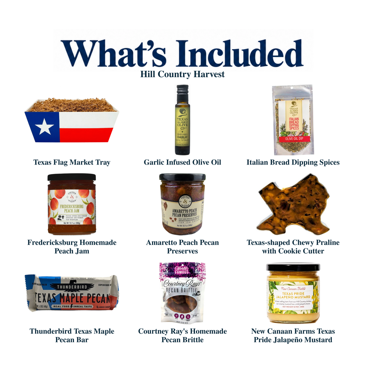 What's included in Hill Country Harvest from The Texas Gift Company: each included item individually labeled.