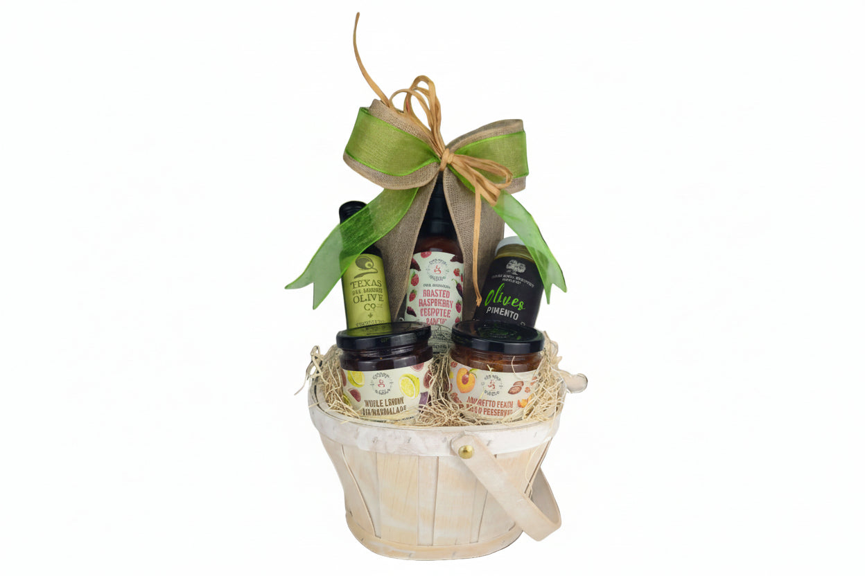 Hill Country Legends basket filled with iconic Texas-inspired treats arranged for gifting
