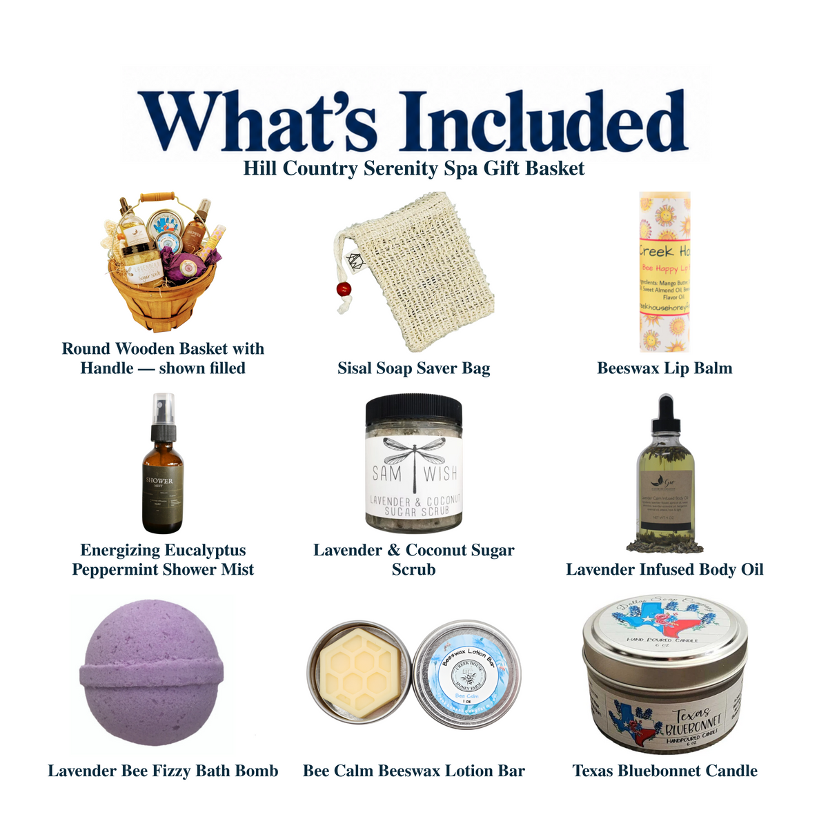 What's included in Hill Country Serenity Spa Gift Basket from The Texas Gift Company: each included item individually labeled.