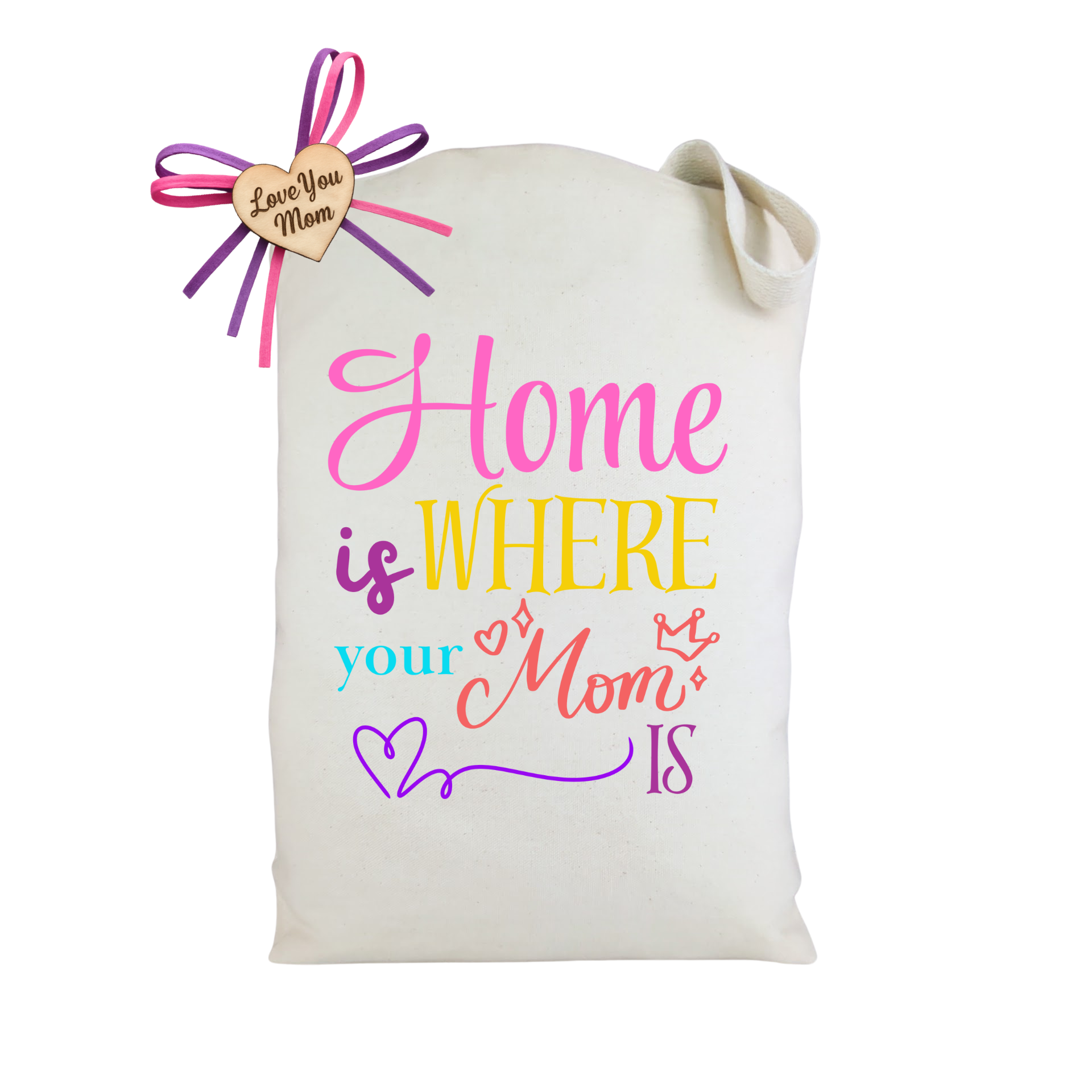 Home Is Where Your Mom Is Tote Bag shown as a loving tote designed for mom