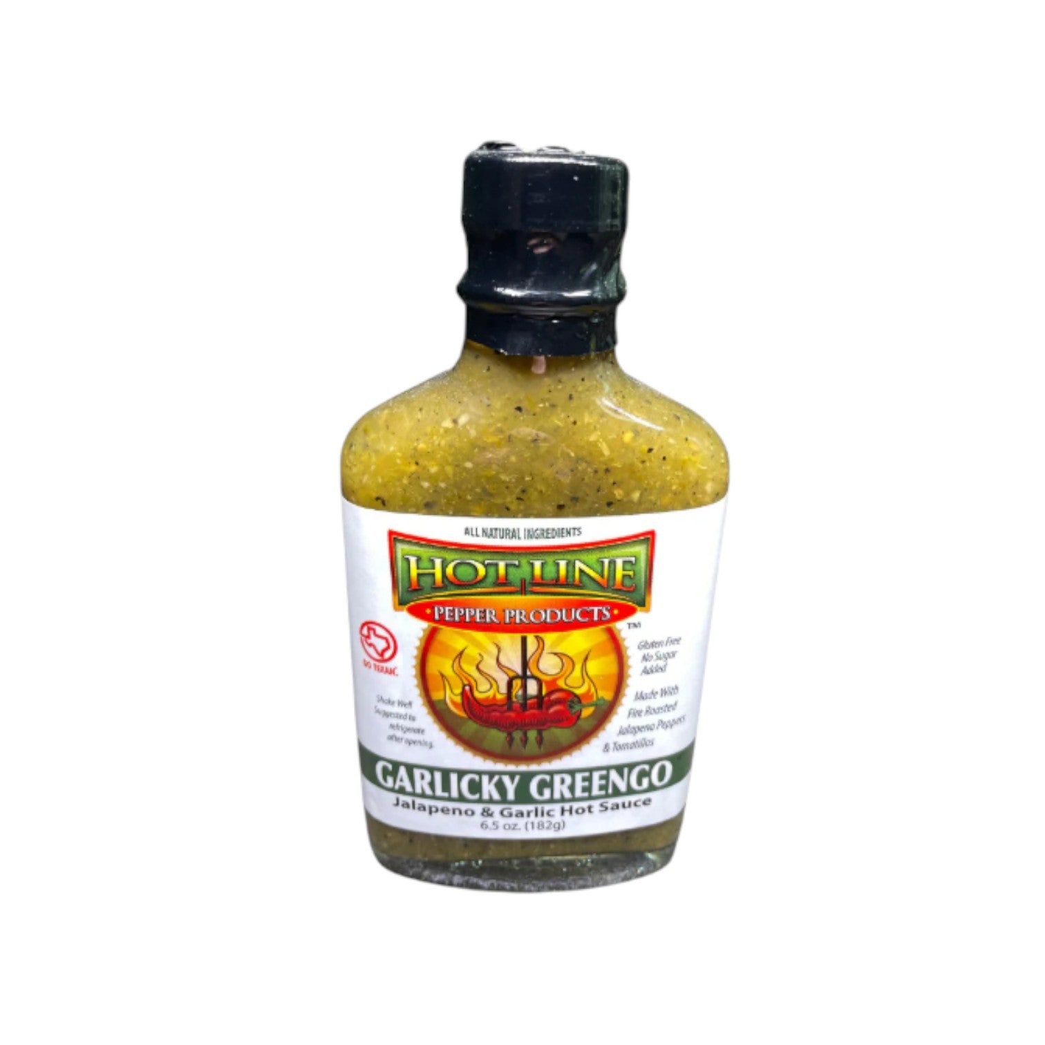 Hot Line garlicky greengo sauce bottle displayed as a bold Texas gourmet green hot sauce gift from The Texas Gift Company storefront
