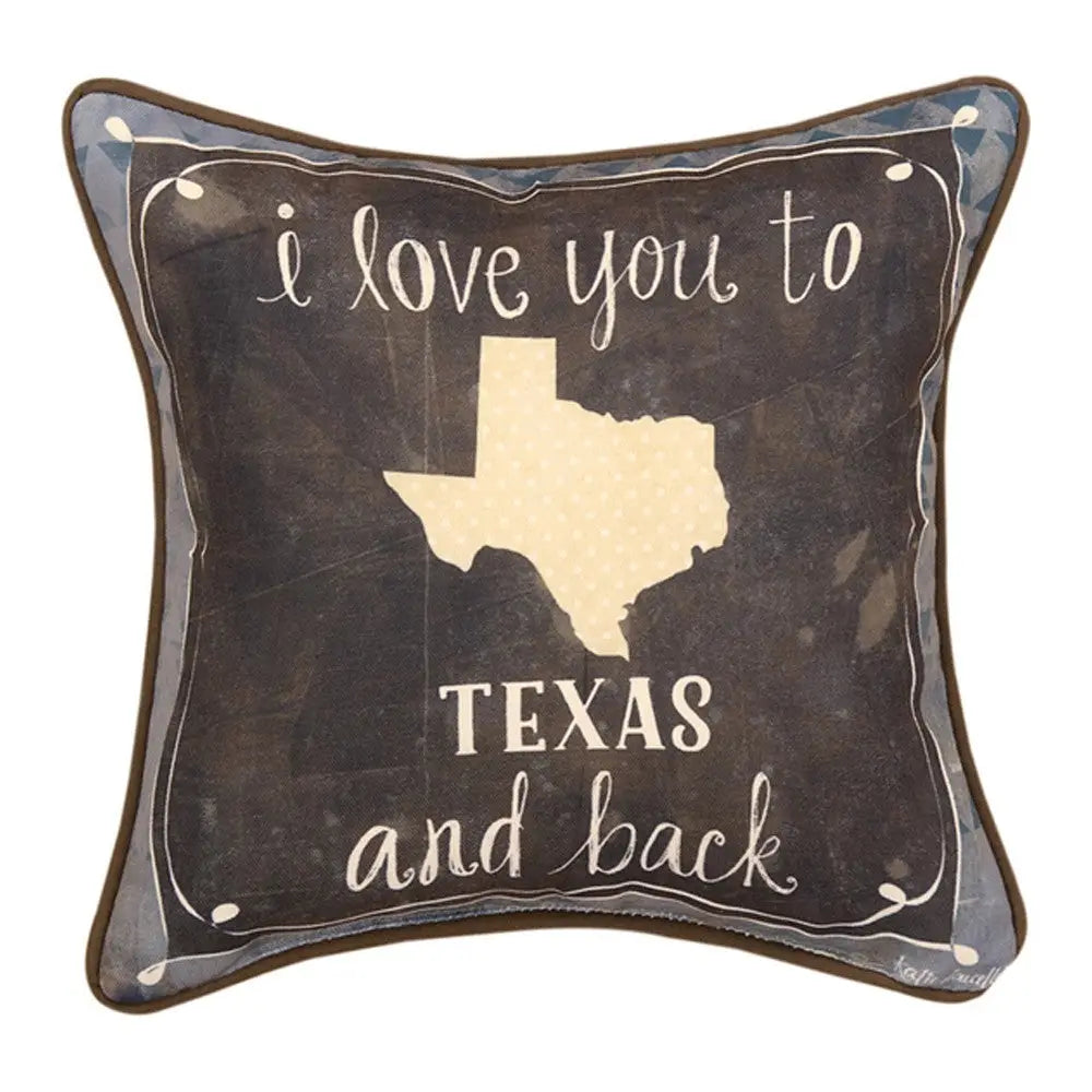 I Love You To Texas & Back 12 inch pillow displayed as a Texas-themed home gift from a Texas gift shop storefront