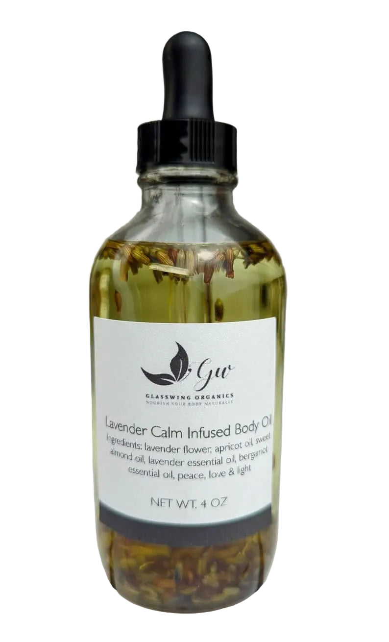 Glass dropper bottle of lavender calm infused body oil containing visible lavender flowers, labeled with ingredients and net weight, displayed on a white background.