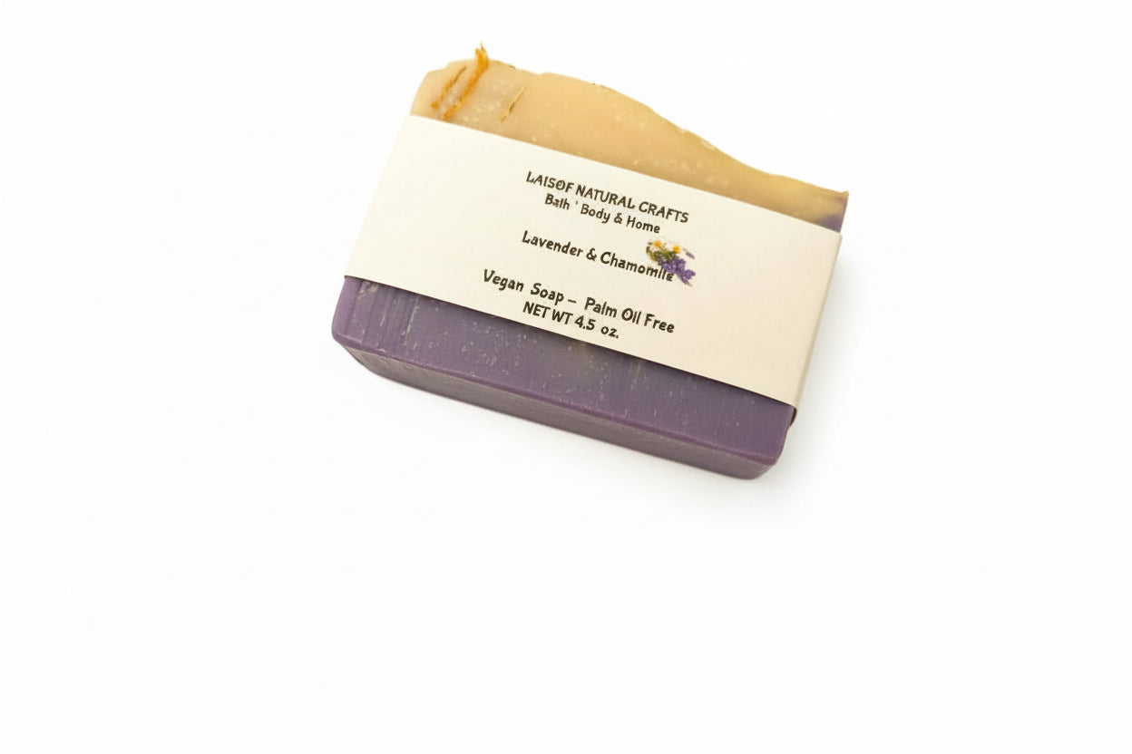 Lavender and chamomile vegan soap bar with purple and cream layers and paper wrap, shown as part of a Texas-inspired clean beauty and bath gift collection.