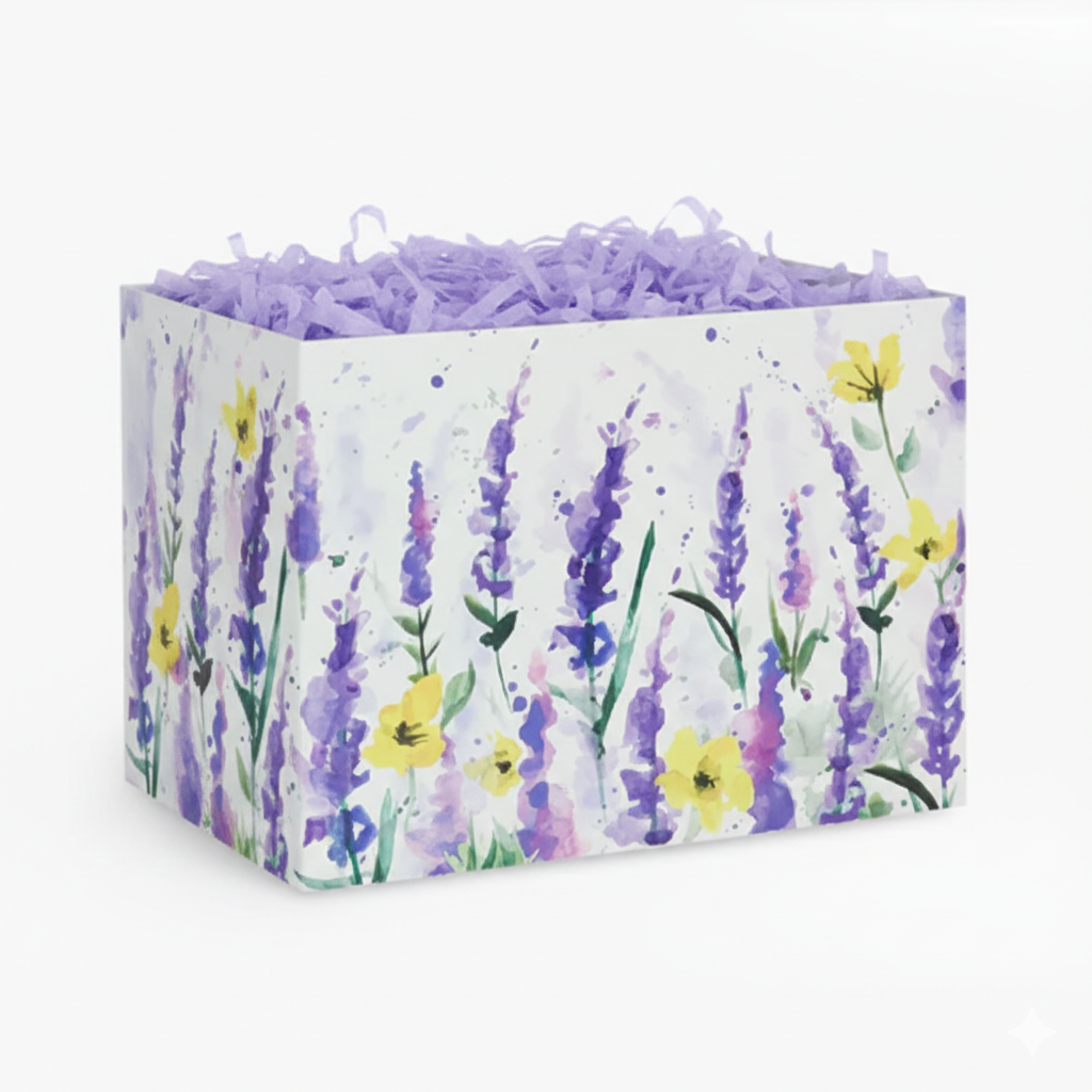 Lavender wildflower floral gift box with purple filler paper, featuring watercolor-style purple and yellow flowers