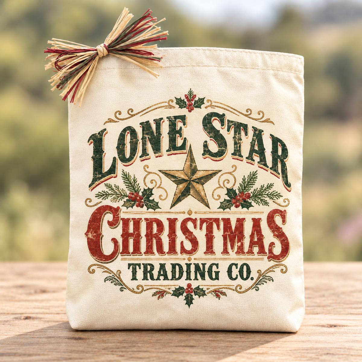 Lone Star Christmas Trading Co. canvas tote with festive raffia