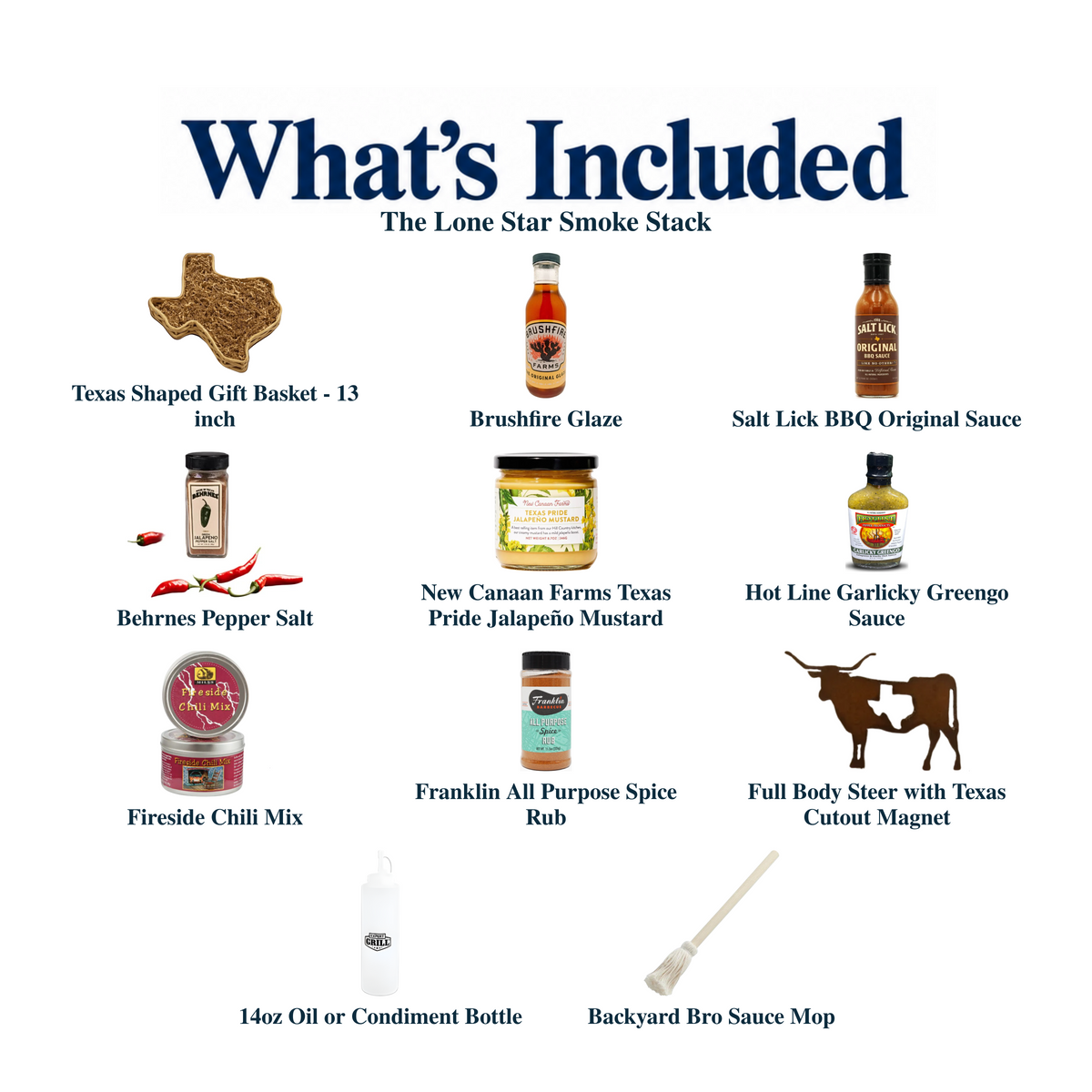 What's included in The Lone Star Smoke Stack from The Texas Gift Company: each included item individually labeled.