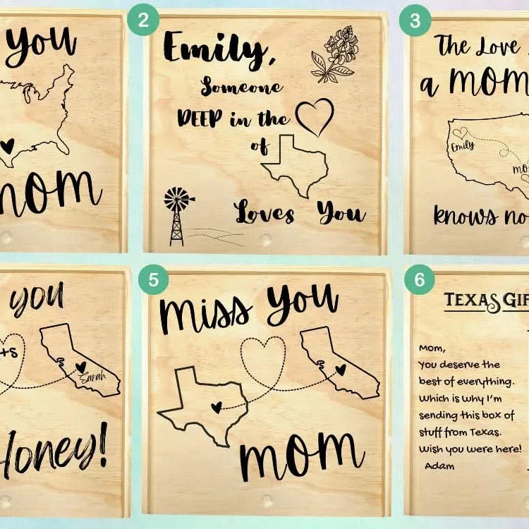 Grid of wooden keepsake box design variations featuring long-distance “Miss You Mom” messages, personalized names, heart-connected state illustrations, and Texas-themed branding, shown as selectable customization options.