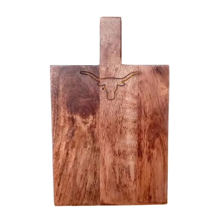 Longhorn engraved dark natural wood serving board displayed as a Texas-themed entertaining gift from a Texas gift shop storefront