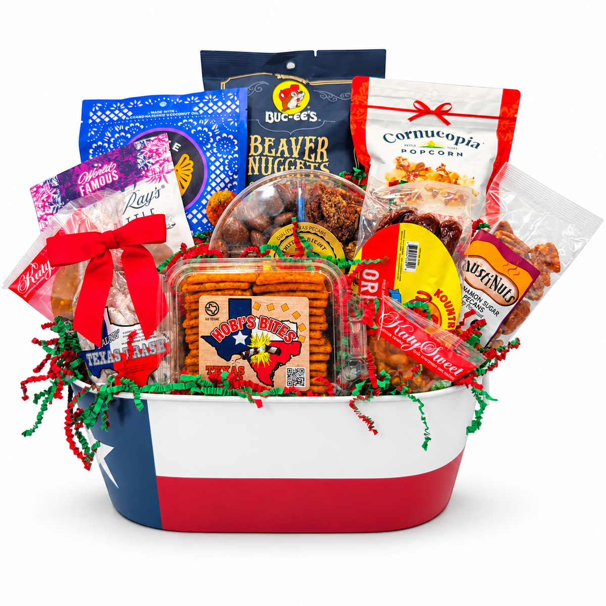 Merry & Bright Texas Bites holiday snack assortment in a Texas flag tin