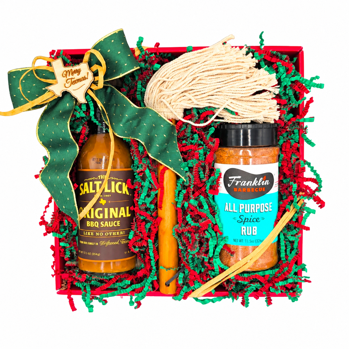 Merry Texmas BBQ Trio with Salt Lick sauce, Franklin rub and BBQ mop in a festive red tray on white