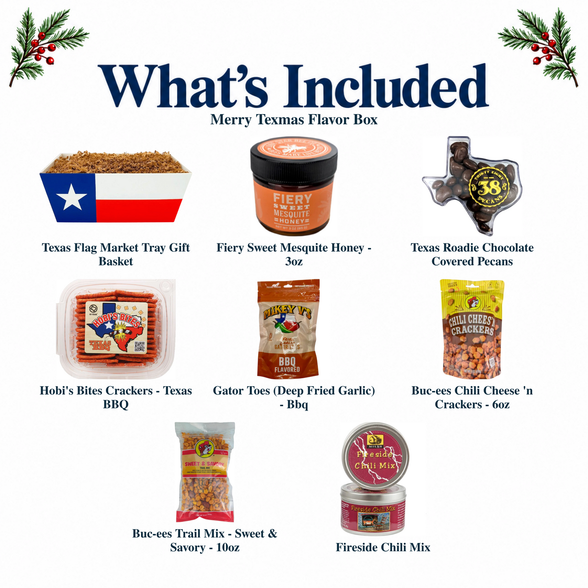 What's included in Merry Texmas Flavor Box from The Texas Gift Company: each included item individually labeled.