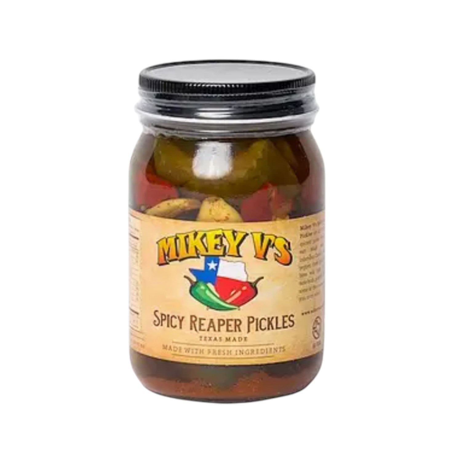 Mikey V’s spicy Reaper pickles jar displayed as an extra hot Texas gourmet snack gift from The Texas Gift Company storefront