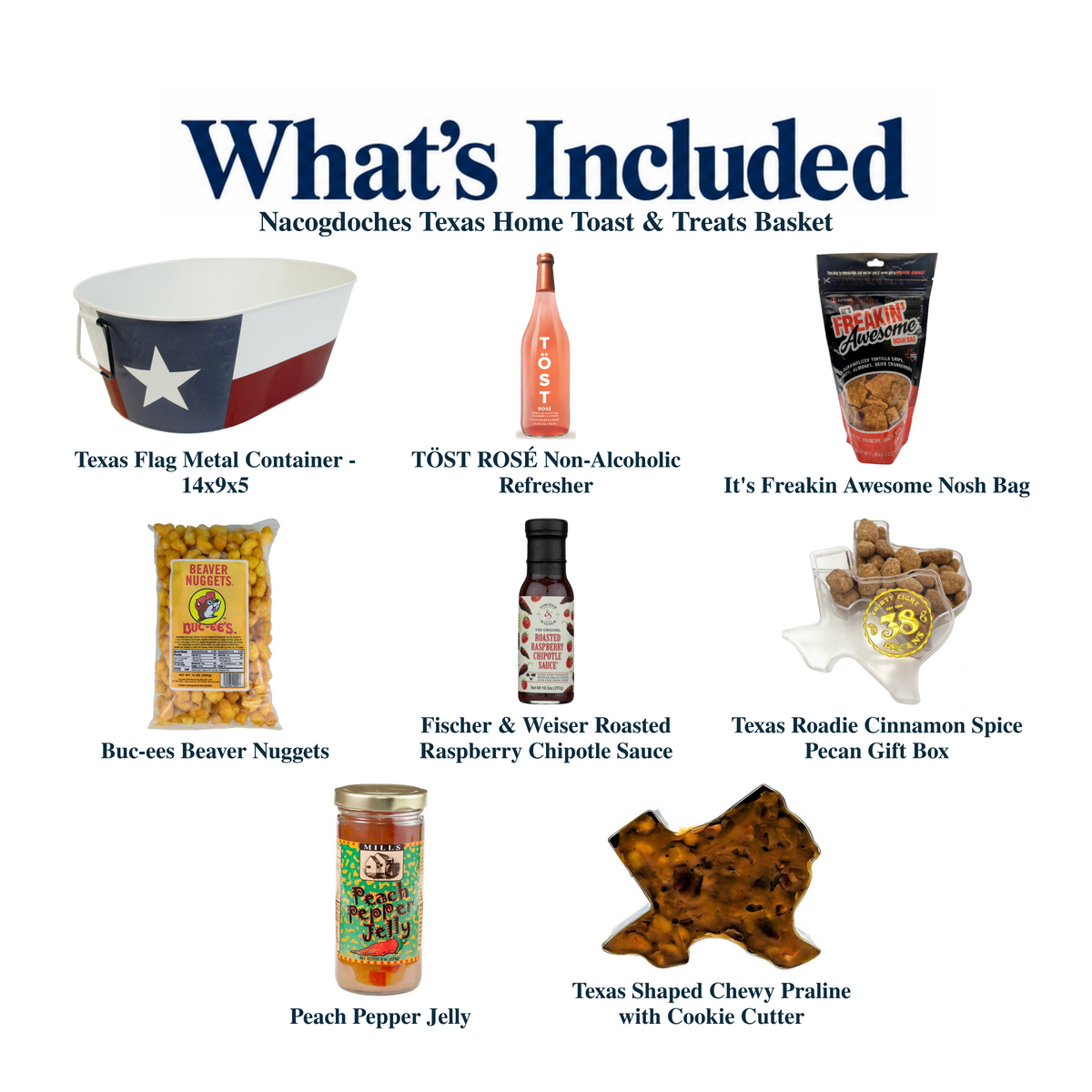 What's included in Nacogdoches Texas Home Toast & Treats Basket from The Texas Gift Company: each included item individually labeled.