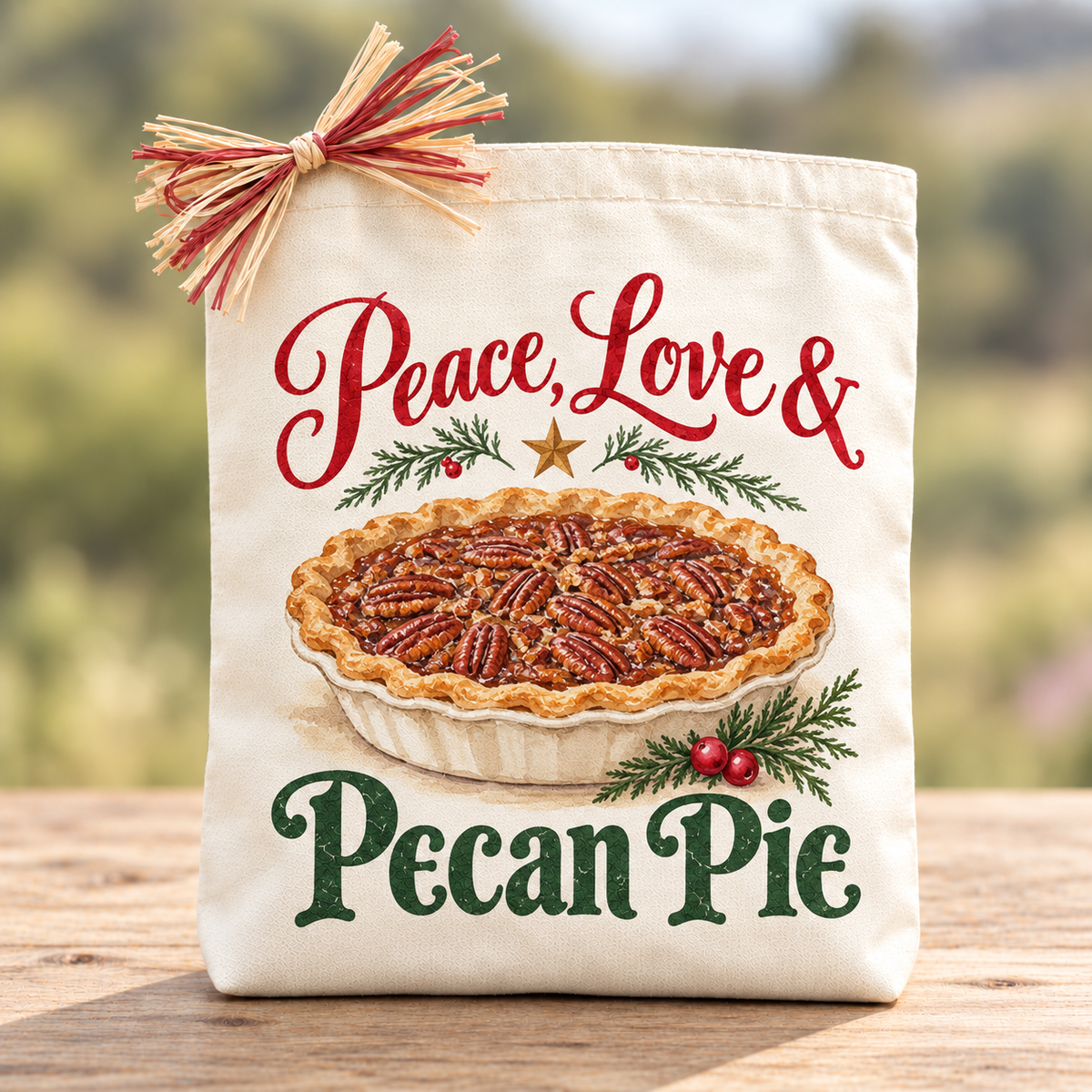 Peace, Love & Pecan Pie Christmas canvas tote with festive raffia