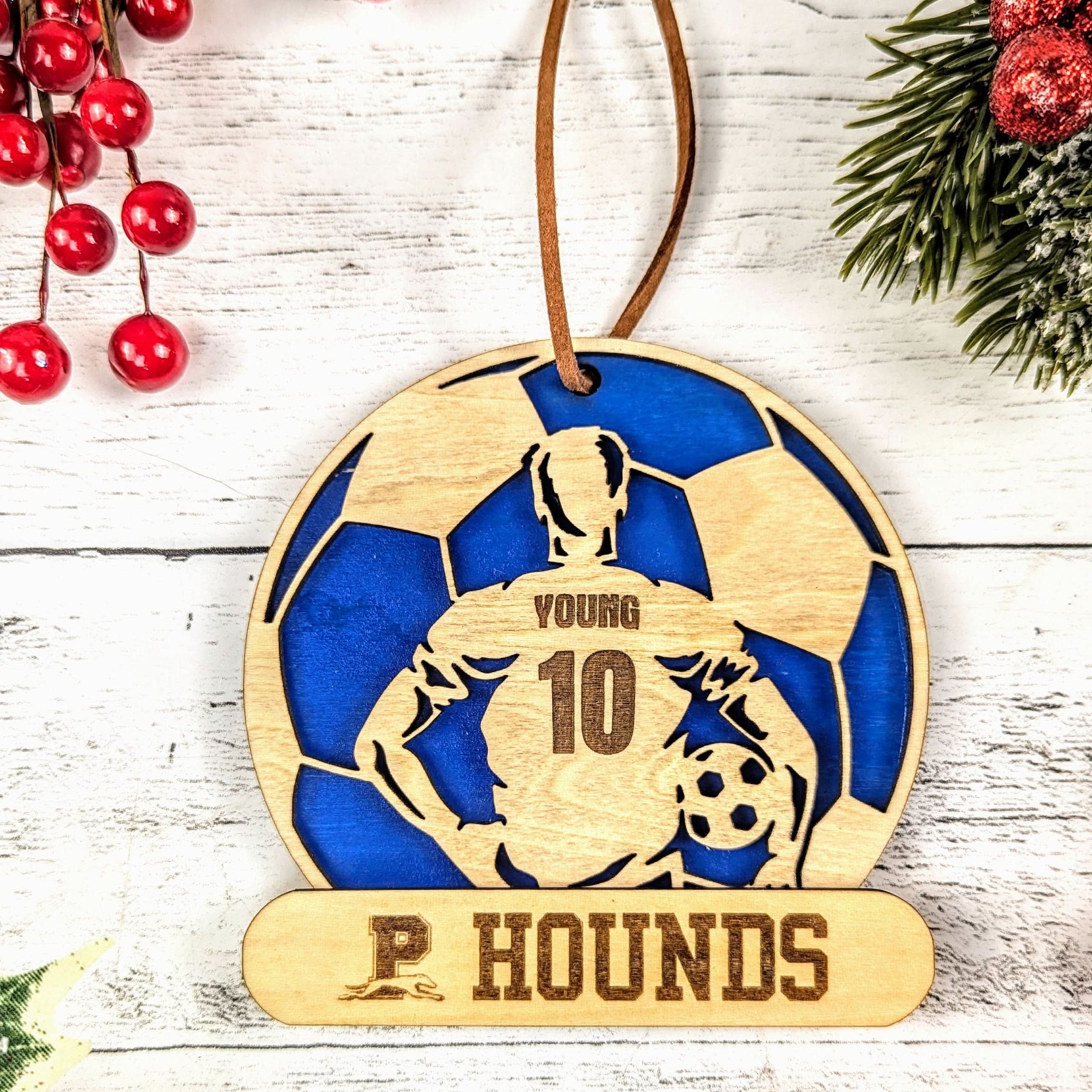 Peaster ISD athletics custom ornament In blue colour displayed as a personalized Texas school keepsake from The Texas Gift Company storefront