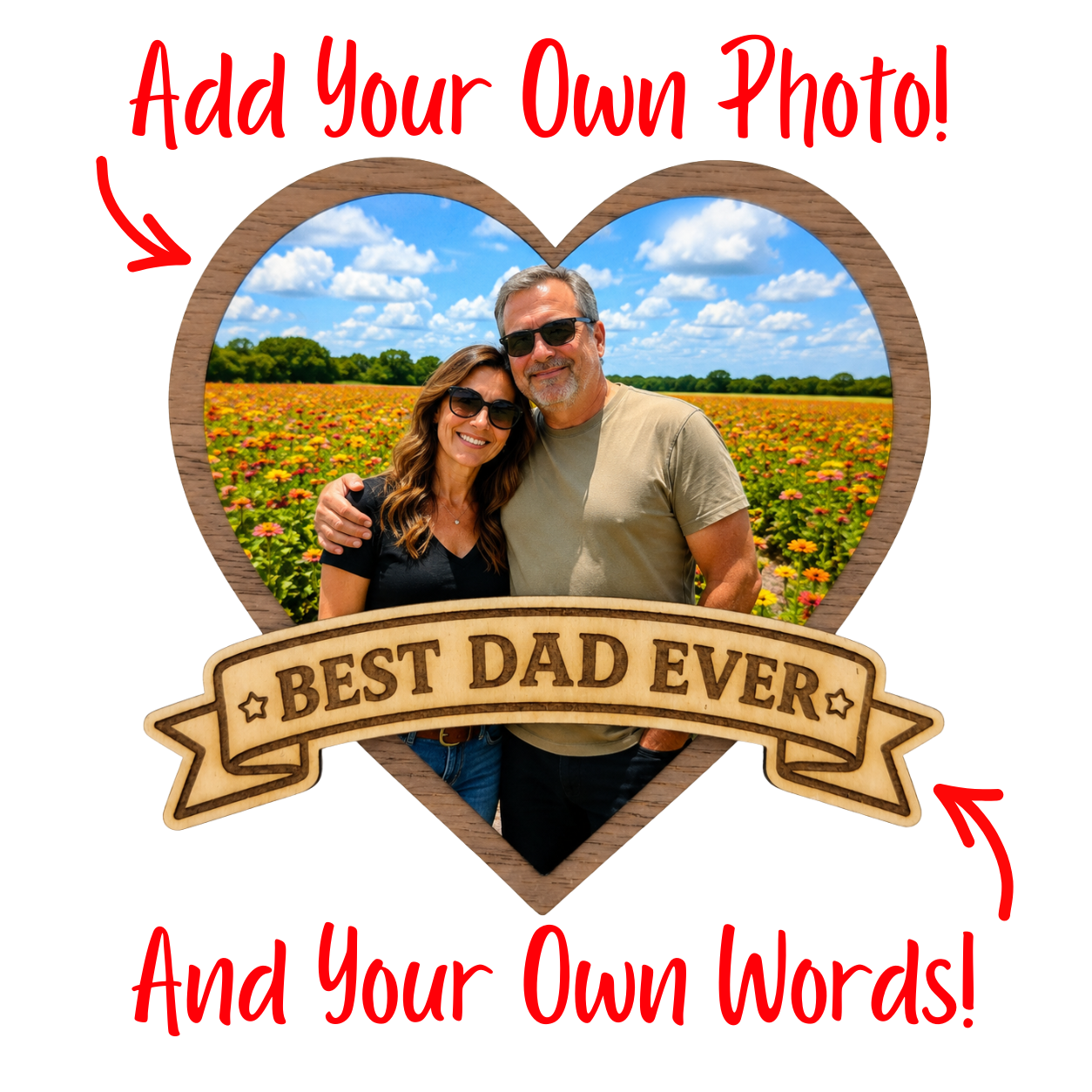 Custom heart-shaped photo magnet in a premium wood frame with a sentiment ribbon