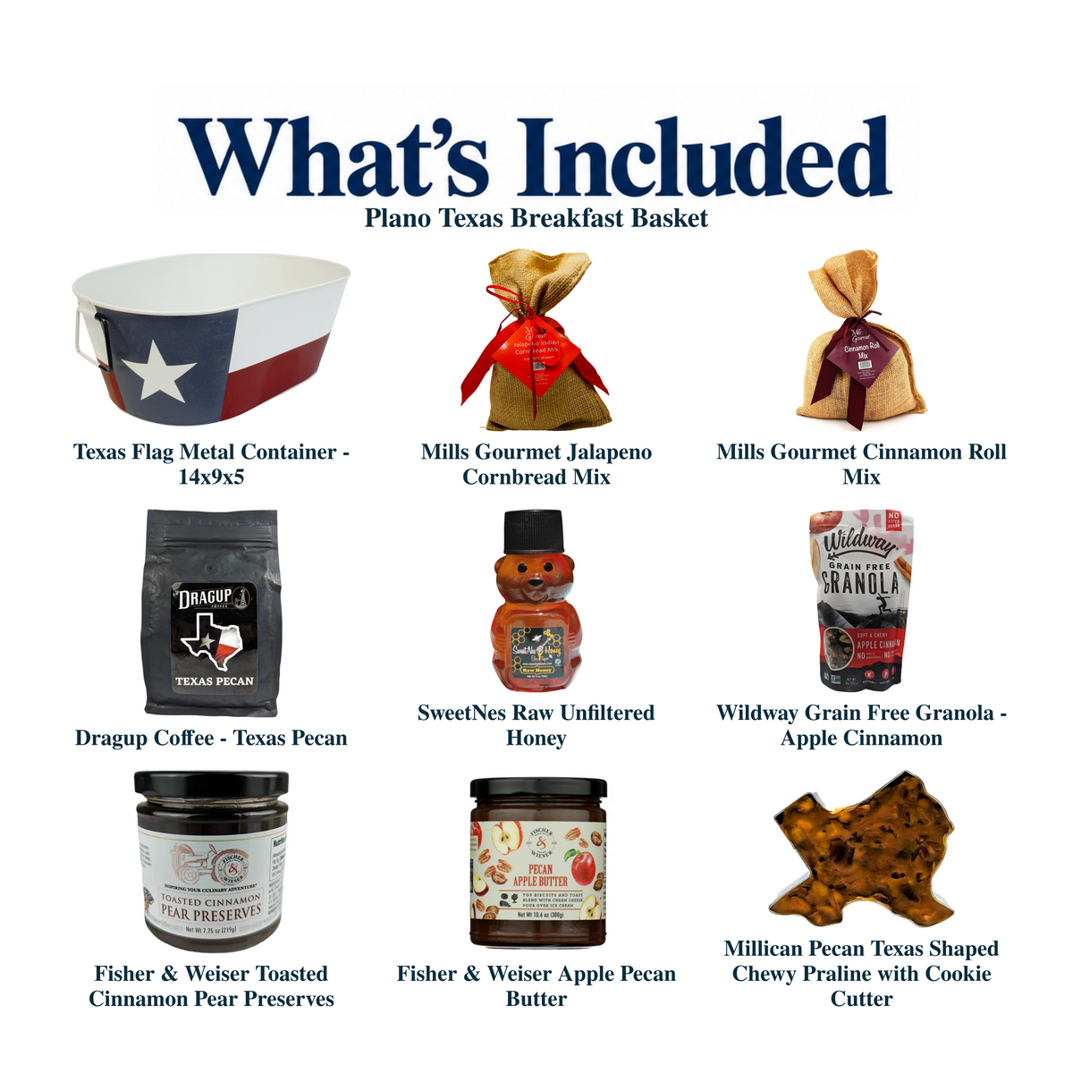 What's included in Plano Texas Breakfast Basket from The Texas Gift Company: each included item individually labeled.