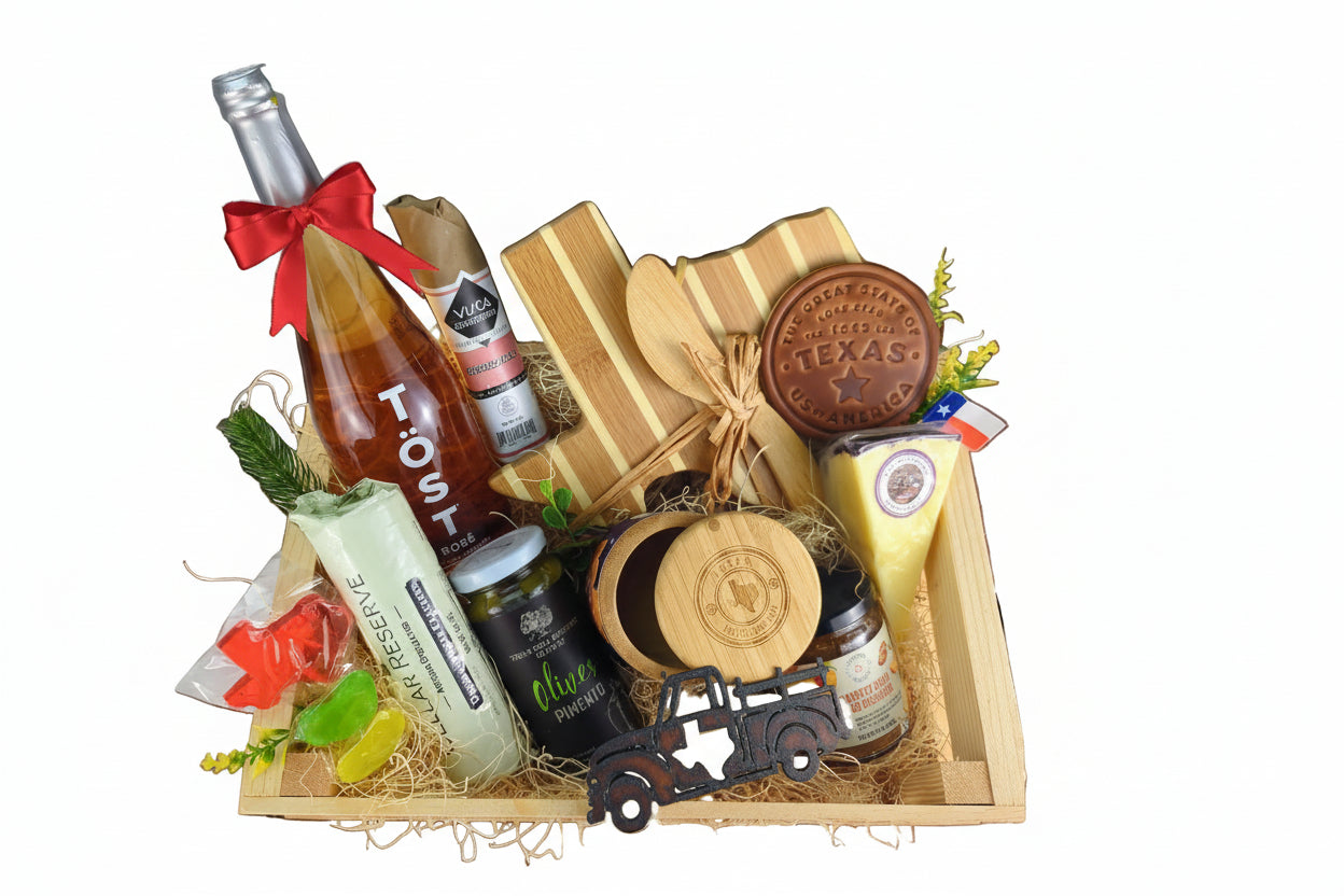 Texas-themed charcuterie crate arranged for relaxed hosting