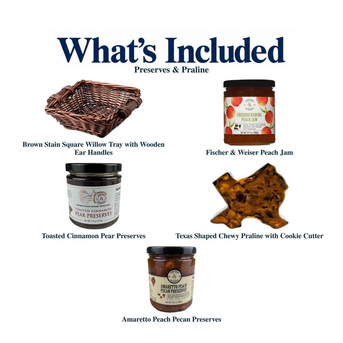 What's included in Preserves & Praline from The Texas Gift Company: each included item individually labeled.