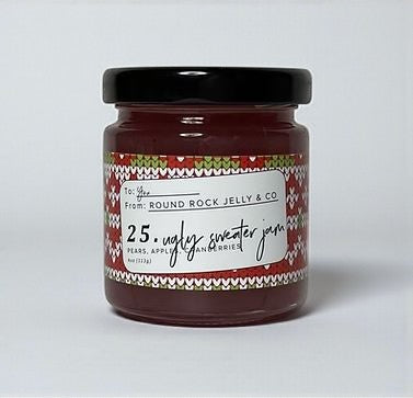 Round Rock Ugly Sweater jam jar displayed as a festive Texas food gift from The Texas Gift Company storefront