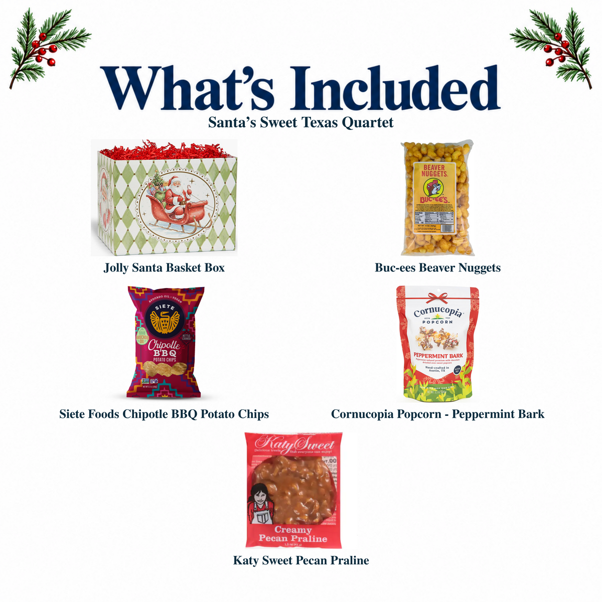 What's included in Santa’s Sweet Texas Quartet from The Texas Gift Company: each included item individually labeled.
