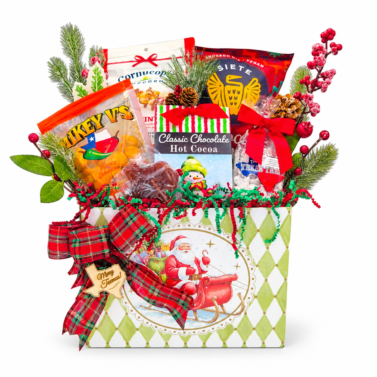 Santa’s Texas Snack Box with six snacks, Santa basket box and plaid bow on white
