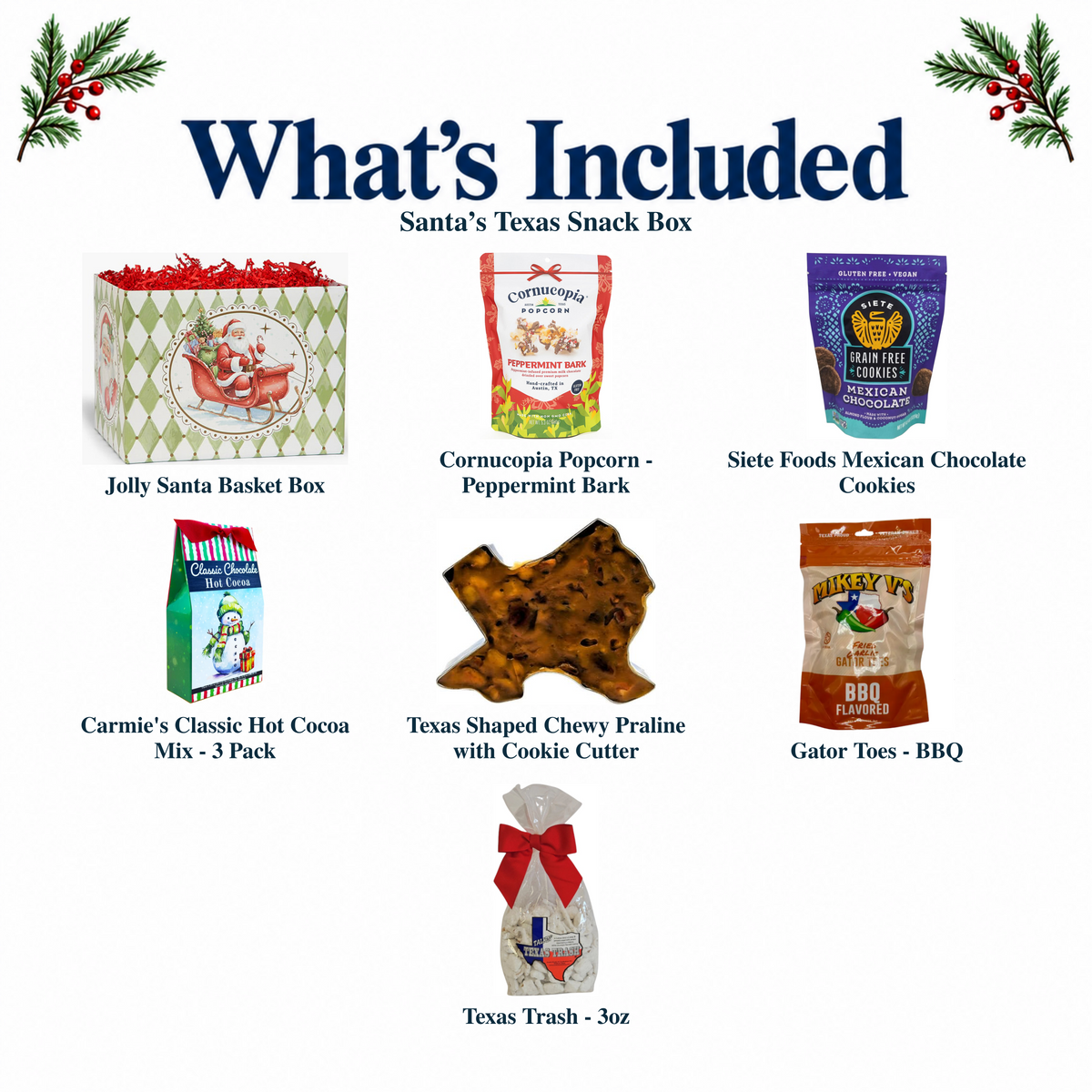 What's included in Santa’s Texas Snack Box from The Texas Gift Company: each included item individually labeled.